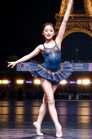 A young Asian ballerina girl stands triumphantly against the iconic Eiffel Tower backdrop, her delicate features illuminated by the golden hour sun. She wears a flowing ballerina dress emblazoned with 'PARIS 2024' and bold blue sports shorts, exuding confidence and athleticism. The stadium audience cheers and chants, their faces aglow with excitement.