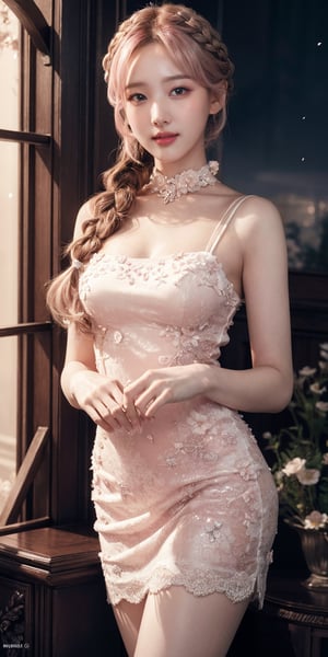 masterpiece, best quality, 1girl, (colorful),(finely detailed beautiful eyes and detailed face),light pink hair, White lace dress, brown eyes,plaits hairstyle,cinematic lighting,bust shot,extremely detailed CG unity 8k wallpaper,white hair,solo,smile,intricate skirt,((flying petal)),(Flowery meadow) sky, cloudy_sky, building, moonlight, moon, night, (dark theme:1.3), light, fantasy,jisoo,1 girl,Asia,Woman ,z1l4,enhanc3d