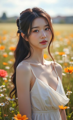 (ultra realistic,32k, masterpiece:1.2),(high detailed skin:1.1),( high quality:1.1), (masterpiece, best quality), | hyperrealistic full length portrait of gorgeous goddess | standing in field full of flowers | detailed gorgeous face | full body | white sundress| god rays | intricate | elegant | realistic | hyperrealistic | cinematic | character design | concept art | highly detailed | illustration | digital art | digital painting | depth of field, full body,(face close-up:1.4), (looking at viewer, upper body) ((dystopic )) ((lleg open)) ((standing)) ((combat ready)) ((rainy playground)) ((sittting)) (( serafuku)) ,jisosmile,ct-identity