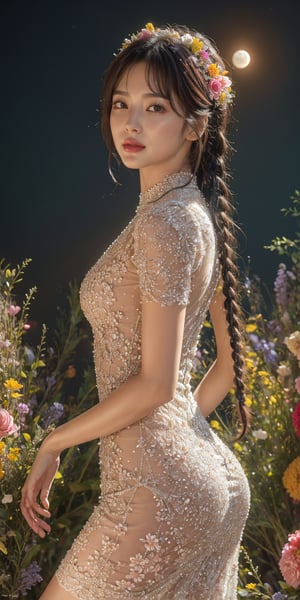 masterpiece, best quality, 1girl, (colorful),(finely detailed beautiful eyes and detailed face),light pink hair, White lace dress, brown eyes,plaits hairstyle,cinematic lighting,bust shot,extremely detailed CG unity 8k wallpaper,white hair,solo,smile,intricate skirt,((flying petal)),(Flowery meadow) sky, cloudy_sky, building, moonlight, moon, night, (dark theme:1.3), light, fantasy,jisoo,1 girl,Asia,Woman ,z1l4,enhanc3d,beaded flower decoration