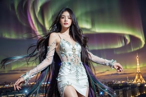 a female character with long, flowing hair that appears to be made of ethereal, swirling patterns resembling the Northern Lights or Aurora Borealis. The background is dominated by deep blues and purples, Next to the huge Eiffel Tower, creating a mysterious and dramatic atmosphere. The character's face is serene, with pale skin and striking features. The overall style of the artwork is reminiscent of fantasy or supernatural genres,white lace dress,1 girl