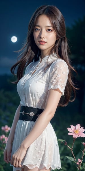 masterpiece, best quality, 1girl, (colorful),(finely detailed beautiful eyes and detailed face),cinematic lighting,bust shot,extremely detailed CG unity 8k wallpaper,white hair,solo,smile,intricate skirt,((flying petal)),(Flowery meadow) sky, cloudy_sky, building, moonlight, moon, night, (dark theme:1.3), light, fantasy,jisoo