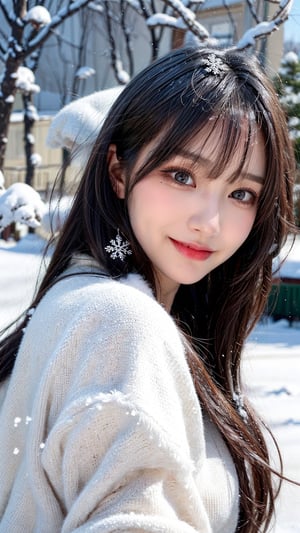 masterpiece,best quality,High definition, high resolution
,looking at viewer,perfect lighting,Beautiful face,Visually Stunning,perfect eyes,fodress,1 girl,long black hair,Best image,cowboy shot,female focus,Snow,more detail,luxurious fur coat,light smile,yeonyuromi,Snowflakes,photorealistic