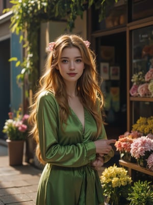 vrnwdf, A young girl with bright blonde hair and a radiant smile stands in front of a bustling flower shop, her long locks cascading down her back like a golden waterfall. She wears a hairbow and a vibrant green dress that matches the hue of the lush foliage surrounding her. In her hand, she cradles a delicate flower, its petals gently unfolding as if to reveal a secret. The warm sunlight casts a soft glow on the scene, illuminating the colorful array of blooms in the shop's display cases and casting a charming ambiance.