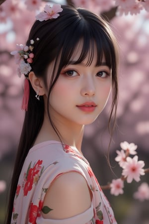 A serene Japanese maiden stands alone against a blurry backdrop of blooming cherry blossom trees. She gazes directly at the viewer with a gentle smile, her parted bangs framing her heart-shaped face. Her black hair cascades down her back, adorned with intricate hair ornaments and hair rings. Red eyes sparkle beneath luscious eyelashes, and her lips curve upward in a subtle grin. A floral print kimono drapes across her upper body, its vibrant colors muted by the soft focus of the background. Delicate earrings and a tassel dangle from her ears as she wears a bow-adorned hairstyle. The camera's shallow depth of field blurs everything except for our subject, emphasizing her captivating presence.