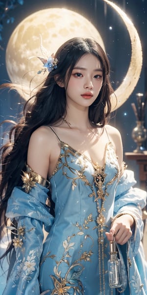 ,Lunar Apothecary A woman with skin like moonlight and eyes that hold the secrets of celestial herbs, brews potions under the glow of two moons. Her flowing gown, adorned with lunar symbols and botanical motifs, reflects her connection to the healing power of the cosmos.
 
