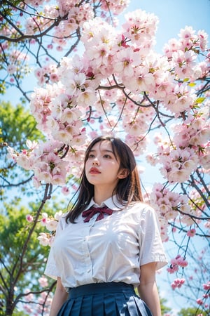 masterpiece,  highest quality,  8K,  RAW photo,
BREAK
1 japanese girl, high school student, school uniform, big breast, (haircut of uniform length), (one length), Beautiful shiny black hair, straight hair, messy hair, pale white skin, white skin, full body to the toes,  beautiful thighs, (navy blue pleated skirt), 
BREAK
profile, looking up, close eyes, standing under the cherry trees, ((Cherry blossom storm)), cherry blossom petals are falling, reach out a hand, ((angle from below)), dimly light,  at night, high_school_girl, best quality,CherryBlossom_background