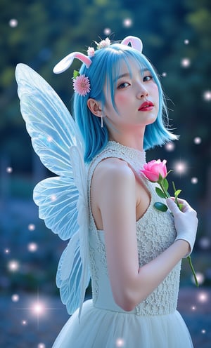 (ultra realistic,32k, masterpiece:1.2),(high detailed skin:1.1),( high quality:1.1), (masterpiece, best quality),"Whispers of Enchantment: A Faerie's Delight" In a realm where magic and beauty intertwine, a lone figure graces the scene with an aura of ethereal charm and grace. Standing with a presence that seems to transcend the ordinary, she embodies a sense of wonder and delight that captivates the viewer and beckons them into a world of enchantment. The girl, with her mesmerizing blue hair that flows like a river of sapphire, wears a dress that shimmers with a hint of iridescence, reflecting the light in a myriad of colors. The fabric cascades around her in gentle waves, creating a sense of movement and fluidity that adds to the whimsical nature of the composition. Her aqua eyes sparkle with a playful glint, inviting the viewer to delve into the mysteries of her world. Adorned with delicate white gloves that accentuate the elegance of her hands, she holds a delicate pink rose, a symbol of love and beauty that adds a touch of romance to the scene. The bloom emits a soft, sweet fragrance that fills the air with a sense of tranquility and serenity, further enhancing the magical ambiance of the moment. The girl's expression, a subtle blush on her cheeks, conveys a mix of innocence and allure that hints at the depth of her character. Her hair, embellished with a whimsical flower ornament, frames her face in a halo of natural splendor that enhances her ethereal beauty. The short strands cascade around her like a waterfall of cerulean hues, adding a touch of whimsy and charm to her overall appearance. A pair of rabbit ears, a fantastical addition that hints at her playful nature, lend a sense of mystery and intrigue to her enchanting persona. As she stands with a grace that seems to defy gravity, her fairy wings unfurled in a display of opalescent light, she exudes a sense of magic and wonder that envelops the scene in a cloak of enchantment. The wings, delicate and translucent, shimmer with a soft glow that illuminates the surroundings with a sense of ethereal beauty. Each feather catches the light in a different way, creating a mesmerizing dance of colors that captivates the eye. With a look that speaks of secrets and dreams, the girl gazes back at the viewer with a mix of invitation and mystery, as if to say, "Come and explore the wonders that lie beyond." Her stance, one of confidence and allure, conveys a sense of inner strength and resilience that complements her outward beauty. The fairy wings that grace her form symbolize her connection to the mystical and the magical, inviting the viewer to step into a world where fantasies come to life. Authored by kyo8sai, this magnificent creation stands as a testament to the artist's creative prowess and was brought to life on 2024-09-14.The painting is signed 'kyo8sai' on the edge. "Whispers of Enchantment: A Faerie's Delight" is a celebration of beauty and magic, a testament to the power of imagination and creativity. Through the artistry of the depiction, the artwork invites the viewer to immerse themselves in a realm where dreams take flight and the ordinary becomes extraordinary, full body,(face close-up:1.4), (looking at viewer, upper body) ((dystopic )) ((lleg open)) ((standing)) ((combat ready)) ((rainy playground)) ((sittting)) (( serafuku)) ,jisosmile,ct-identity