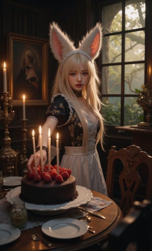 (ultra realistic,32k, masterpiece:1.2),(high detailed skin:1.1),( high quality:1.1), (masterpiece, best quality),cute anime girl with massive fluffy fennec ears and a big fluffy tail blonde messy long hair blue eyes wearing a maid outfit with a long black gold leaf pattern dress and a white apron mouth open placing a fancy black forest cake with candles on top of a dinner table of an old dark Victorian mansion lit by candlelight with a bright window to the foggy forest and very expensive stuff everywhere there are paintings on the walls, full body,(face close-up:1.4), (looking at viewer, upper body) ((dystopic )) ((lleg open)) ((standing)) ((combat ready)) ((rainy playground)) ((sittting)) (( serafuku)) ,jisosmile,ct-identity