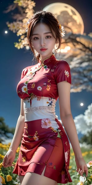 masterpiece, best quality, 1girl, (colorful),(finely detailed beautiful eyes and detailed face),light pink hair, White lace dress, brown eyes,plaits hairstyle,cinematic lighting,bust shot,extremely detailed CG unity 8k wallpaper,white hair,solo,smile,intricate skirt,((flying petal)),(Flowery meadow) sky, cloudy_sky, building, moonlight, moon, night, (dark theme:1.3), light, fantasy,jisoo,1 girl,Asia,Woman ,z1l4,enhanc3d,beaded flower decoration,leonardo,DonM0ccul7Ru57,beaded flower,firefliesfireflies,Beautiful outdoor,wonder of beauty,miyeon,Haka,Chinese Clothes