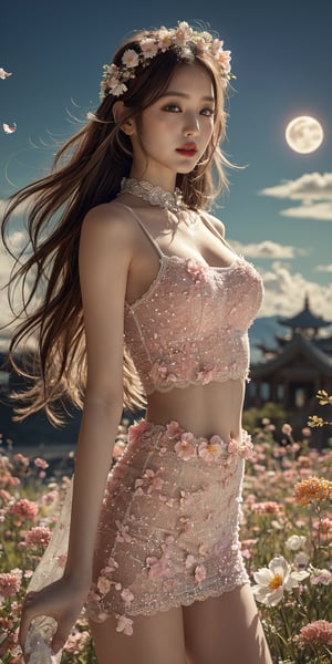 masterpiece, best quality, 1girl, (colorful),(finely detailed beautiful eyes and detailed face),light pink hair, White lace dress, brown eyes,plaits hairstyle,cinematic lighting,bust shot,extremely detailed CG unity 8k wallpaper,white hair,solo,smile,intricate skirt,((flying petal)),(Flowery meadow) sky, cloudy_sky, building, moonlight, moon, night, (dark theme:1.3), light, fantasy,jisoo,1 girl,Asia,Woman ,z1l4,enhanc3d,beaded flower decoration