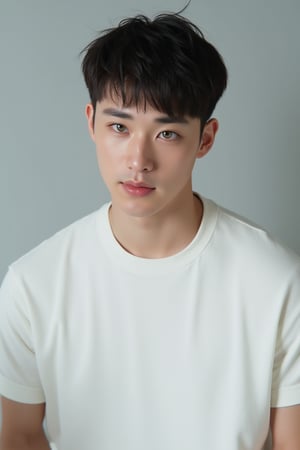 A serene 32-year-old Japanese man sits calmly in front of a subtle gradient background,Pixie cut ,Handsome, thick eyebrows and big eyes,  his kind eyes gazing directly into the camera. Soft, natural light illuminates his delicate features, accentuating the innocence and purity on his face. A short-sleeved White top hugs his slender physique, drawing attention to his youthful charm. The composition is tight and intimate, with the subject's gentle expression taking center stage. A high-resolution lens captures the intricate texture of the sweater, while a soft focus effect maintains a minimalist aesthetic free from distractions.