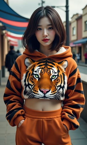 (ultra realistic,32k, masterpiece:1.2),(high detailed skin:1.1),( high quality:1.1), (masterpiece, best quality),1 girl, beautiful Korean girl, (Cute Loose Bob hair) , (wearing a cropped tiger hoodie, capri sweatpants:1.5) , (hands in pockets:1.5) , (red lips:1.3) , background, volumetric haze, global illumination, (flowing hair) , (bright smile) , natural lighting, ((beautiful detailed eyes, symmetrical eyes) , (photorealism:1.5) , (photorealistic:1.4) , (8k, RAW photo, masterpiece) , High detail RAW color photo, realistic, (highest quality) , (best shadow) , (best illustration) , ultra high resolution, highly detailed CG unified 8K wallpapers, physics-based rendering, realistic, realism, high contrast, hyperrealism, f1. 6 lens, rich colors, hyper-realistic lifelike texture, cinestill 800), full body,(face close-up:1.4), (looking at viewer, upper body) ((dystopic )) ((lleg open)) ((standing)) ((combat ready)) ((rainy playground)) ((sittting)) (( serafuku)) ,jisosmile,ct-identity