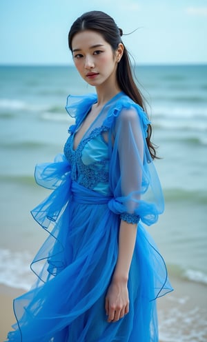 (ultra realistic,32k, masterpiece:1.2),(high detailed skin:1.1),( high quality:1.1), (masterpiece, best quality),a woman in a blue dress on the beach, in style of ren hang, fashion model features, in a style combining botticelli, environmental artwork, bright vivid colours, greg broadmore, chinese woman, netting, disappearing, full body,(face close-up:1.4), (looking at viewer, upper body) ((dystopic )) ((lleg open)) ((standing)) ((combat ready)) ((rainy playground)) ((sittting)) (( serafuku)) ,jisosmile,ct-identity