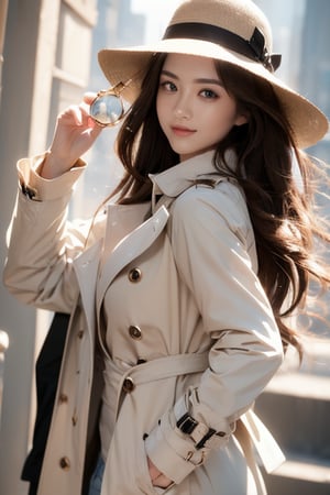 beautiful, 1girl,
(Brown hair:1.2),
long hair, smile, (detective:1.2),Magnifying glass,
Detective's hat,
Light color Trench coat, hk_girl