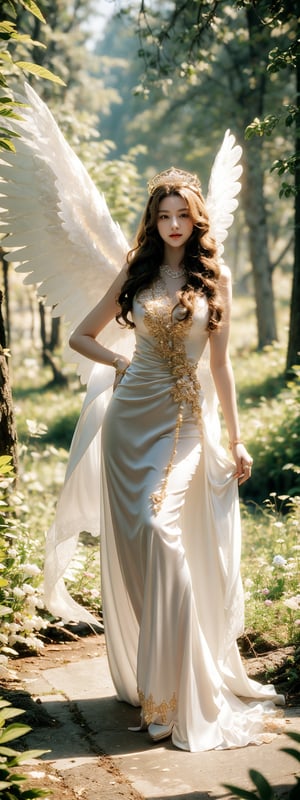 masterpiece, best quality, photorealistic, 8k raw photo, 1girl, light smile, long wavy hair, blonde hair, elegant dress, intricate dress, hair ornament, tiara, heels, stand pose, ultra detailed, finely detailed, wide_shot, outdoor, meadow, forest, mountain,angel_wings,1 girl