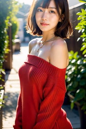 1 cute girl, high school student, OffShoulder red sweater,lovely posing, young body shape, cute, thin eyebrows, little thick lips, face narrow, Mouth smile, upturned eyes, Japanese face, Short hair, light brown hair, nose is pointed,top of nose is narrow,darkslategray eyes, outdoor flower garden daylight, watch, necklace, masterpiece, extremely fine and beautiful, Nose thin,bangs hang down,remove the lines under the eyes,sharpen the tip of the nose,Remove dark circles under the eyes,high_school_girl,fantasy_princess,mai