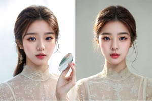(masterpiece, best quality, photorealistic), beautiful  dress, brown eyes, Upper body of a beautiful Korean woman in front of a mirror, Upper body of a beautiful Korean woman in front of a mirror, futuristic white clean background,   lovely expression, close mouth, beauty model,  Realism, Epic ,Female, Portrait,  masterpiece (masterpiece:1.5) (photorealistic:1.1) (bokeh) (best quality) (detailed skin texture pores hairs:1.1) (intricate) (8k) (HDR) (wallpaper) (cinematic lighting) (sharp focus), (eyeliner), (painted lips:1.2),(masterpiece:1.5) (photorealistic:1.1) (bokeh) (best quality) (detailed skin texture pores hairs:1.1) (intricate) (8k) (HDR) (wallpaper) (cinematic lighting) (sharp focus), (eyeliner), (painted lips:1.2), Young beauty spirit ,realistic,alluring_lolita_girl
