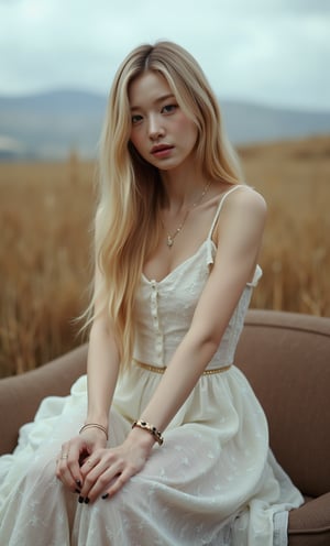 (ultra realistic,32k, masterpiece:1.2),(high detailed skin:1.1),( high quality:1.1), (masterpiece, best quality),a woman sitting on top of a couch in a field, skinny girl in white boho dress, lalisa manobal, alluring girl with long blonde hair, ethereal flowerpunk, feral languid woman, barren landscape, imogen poots, skinny body, desolated , full body,(face close-up:1.4), (looking at viewer, upper body) ((dystopic )) ((lleg open)) ((standing)) ((combat ready)) ((rainy playground)) ((sittting)) (( serafuku)) ,jisosmile,ct-identity