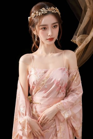 Busty and sexy girl, 8K, masterpiece, ultra-realistic, best quality, high resolution, high definition, figure wearing floral headdress decorated with gold jewelry and pearls. Low-cut floral patterned ancient hanbok. Gold embroidery and gems create a sense of luxury. The fabric drapes elegantly as if it were a flowing robe or gown. Overall color palette is rich gold and dazzling white. Colorful smoke background.,1girl