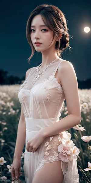 masterpiece, best quality, 1girl, (colorful),(finely detailed beautiful eyes and detailed face),light pink hair, White lace dress, brown eyes,plaits hairstyle,cinematic lighting,bust shot,extremely detailed CG unity 8k wallpaper,white hair,solo,smile,intricate skirt,((flying petal)),(Flowery meadow) sky, cloudy_sky, building, moonlight, moon, night, (dark theme:1.3), light, fantasy,jisoo,1 girl,Asia,Woman ,z1l4,enhanc3d