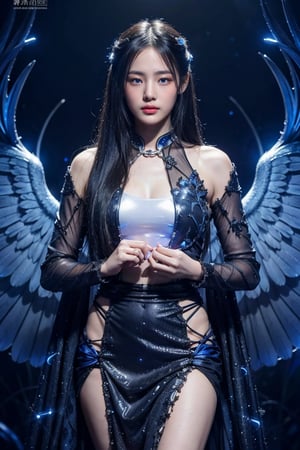 Full figure, seven -clinging shooting, 18 years old, wearing transparent science fiction clothes, exquisite faces, details, hands, ultimate details, amazing magnificence, LED internal lighting, Pedaipan style, fiber hair, glowing blue iris, glowing blue iris