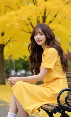 (ultra realistic,32k, masterpiece:1.2),(high detailed skin:1.1),( high quality:1.1), (masterpiece, best quality),park,autumn,fall_leaves,ginko trees,yellow leaves of ginkgoes,1 girl,beautiful girl,16 yo,very long hair,dark hair,curly hair,wearing simple yellow dress,sitting on bench,smile,side shot,Best Quality, 32k, photorealistic, ultra-detailed, finely detailed, high resolution, perfect dynamic composition, sharp-focusBest Quality, 32k, photorealistic, ultra-detailed, finely detailed, high resolution, perfect dynamic composition, beautiful detailed eyes, sharp-focus, cowboy shot,, full body,(face close-up:1.4), (looking at viewer, upper body) ((dystopic )) ((lleg open)) ((standing)) ((combat ready)) ((rainy playground)) ((sittting)) (( serafuku)) ,jisosmile,ct-identity