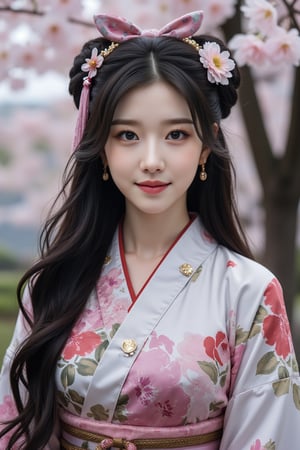 (ultra realistic,32k, masterpiece:1.2),(high detailed skin:1.1),( high quality:1.1), (masterpiece, best quality), 1girl, solo, looking at viewer, smile, bangs, black hair, hair ornament, red eyes, bow, jewelry, closed mouth, upper body, flower, earrings, outdoors, japanese clothes, pink eyes, kimono, blurry, tree, lips, parted bangs, eyelashes, makeup, depth of field, blurry background, floral print, cherry blossoms, tassel, hair rings, nose, branch ((dystopic )) ((lleg open)) ((standing)) ((combat ready)) ((rainy playground)) ((sittting)) (( serafuku)) ,jisosmile,ct-identity