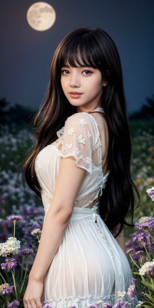 masterpiece, best quality, 1girl, (colorful),(finely detailed beautiful eyes and detailed face),ight brown hair, White lace dress, brown eyes,plaits hairstyle,cinematic lighting,bust shot,extremely detailed CG unity 8k wallpaper,white hair,solo,smile,intricate skirt,((flying petal)),(Flowery meadow) sky, cloudy_sky, building, moonlight, moon, night, (dark theme:1.3), light, fantasy,jisoo,1 girl,Asia,Woman ,z1l4,Sugar babe ,lisa