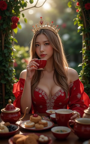 (ultra realistic,32k, masterpiece:1.2),(high detailed skin:1.1),( high quality:1.1), (masterpiece, best quality),A fantasy scene set in a lush, enchanted garden during a majestic royal tea time. The central figure is a stunning Red Heart Queen, exuding beauty and elegance. She is dressed in an elaborate, flowing gown adorned with intricate red heart patterns, with a regal crown perched on her head. Her long, wavy hair cascades down her chest, complementing her radiant, flawless skin. The garden around her is vibrant, with a rich green and red color theme, featuring blooming roses, towering hedges, and ornate topiaries. The tea table is lavishly set with fine china, ornate teapots, and a variety of delicacies, all in keeping with the red and green motif. The atmosphere is serene yet grand, with the warm glow of the sun filtering through the foliage, casting dappled light across the scene. The queen’s expression is calm and graceful as she delicately sips her tea, embodying both power and grace.,manga,sketch, full body,(face close-up:1.4), (looking at viewer, upper body) ((dystopic )) ((lleg open)) ((standing)) ((combat ready)) ((rainy playground)) ((sittting)) (( serafuku)) ,jisosmile,ct-identity