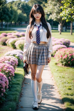 (Masterpiece), (Top Quality), (Super Detailed), (Very Detailed), (Perfect Anatomy), (Super Detailed Skin), (Detailed), (Beautifully Detailed Eyes), 1 Girl, 16 Years Old, Solo, Black Hair, Very Long Hair, Blunt Bangs, Black Eyes, (Plaid Skirt), Skirt, (Uniform), (White Shirt), (Sailor Uniform: 1.1), Partially White Socks, White Sneakers, (plaid tie), curvaceous, eyebrows, sideways glances, park, forest and flower fields, body, nice smile, standing,