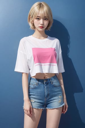 korea girl 22 year old, blond sleek pixie shorts hair style, wearing Oversize t-shirt, shorts bluejeans, solid pink black background,(Ruan-mei)