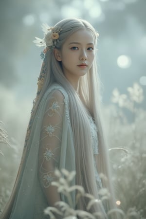 masterpiece, Movie Still, Film Still, Cinematic, Cinematic Shot, (8K, Breathtaking photo of a Beautiful Girl), The image is a high-resolution photograph featuring 21 year old woman with a fantastical, ethereal appearance. She has fair skin, large, expressive blue eyes, and long, flowing silver hair adorned with intricate braids and delicate floral ornaments. Her hair cascades down her shoulders and is interwoven with strands of gold and silver, adding to the ethereal ambiance. She wears a long, flowing cloak made of a shimmering fabric that matches her hair color, with intricate details including metallic threads and feathers. Her attire is reminiscent of a fantasy elf or fairy, with an otherworldly, almost mythical quality. She stands in an environment that appears to be a mystical forest or meadow, with tall, feathery plants and grasses that surround her. The background is a soft, muted blend of light grays and whites, creating a serene and dreamlike atmosphere. The lighting is soft and diffused, casting a gentle glow that highlights the textures and details of her clothing and hair. The overall style of the artwork is highly realistic with a slight touch of fantasy, blending elements of both realism and digital artistry to create a captivating and enchanting scene. ,,ct-virtual