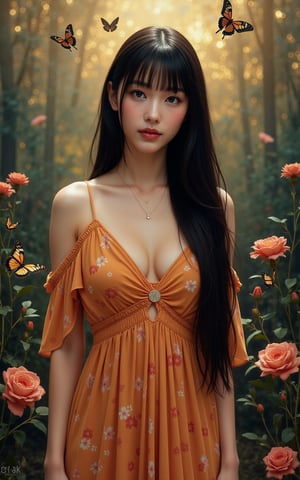 (ultra realistic,32k, masterpiece:1.2),(high detailed skin:1.1),( high quality:1.1), (masterpiece, best quality),chiaroscuro technique on sensual illustration of an girl (((long hair with bangs、Beautiful bangs) , vintage ,silky dress, matte painting, by John Singer Sargent, by Harumi Hironaka, abstract background, (upper body), (highres,realistic),Girl in a magical garden, fairytale atmosphere, beautiful detailed eyes, long flowing hair, vibrant flowers, butterflies fluttering around, golden rays of sunlight, soft and dreamy color palette, whimsical lighting, enchanting scenery, fantasy ambiance, surreal elements, ethereal beauty.Auguste Renoir ~ Paul Peel ~ John Singer Sargent ~ Alexandre-Jacques Chantron ~ John William Godward ~ John William Waterhouse ~ Han-Wu Shen ~ Ishitaka Amano ~ Chakrapan Posayakrit ~ Kim Jung Gi ~ Kei Mieno ~ Ikushima Hiroshi ~ WLOP ~ William-Adolphe Bouguereau ~ Alphonse Mucha ~Luis Royo ~ Range Murata ~ Jock Sturges photography ~ David Hamillton photography ~ Rustic Sketchbook Style, Sketch Book, Hand Drawn, Dark, Gritty, Realistic Sketch, Rough Sketch, Mix of Bold Dark Lines and Loose Lines, Bold Lines, On Paper, Turnaround Character Sheet, Natural Light, Dynamic, Highly Detailed, Watercolor Painting, Watercolor Paper, Artstation, Concept Art, Smooth and Crisp, Sharp Focus, Illustration, Goth girl,sparkles,in the style of vargas, full body,(face close-up:1.4), (looking at viewer, upper body) ((dystopic )) ((lleg open)) ((standing)) ((combat ready)) ((rainy playground)) ((sittting)) (( serafuku)) ,jisosmile,ct-identity