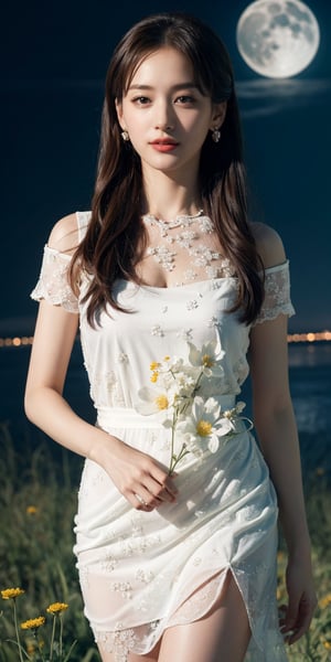 masterpiece, best quality, 1girl, (colorful),(finely detailed beautiful eyes and detailed face),ight brown hair, White lace dress, brown eyes,plaits hairstyle,cinematic lighting,bust shot,extremely detailed CG unity 8k wallpaper,white hair,solo,smile,intricate skirt,((flying petal)),(Flowery meadow) sky, cloudy_sky, building, moonlight, moon, night, (dark theme:1.3), light, fantasy,jisoo,1 girl,Asia,Woman ,z1l4,enhanc3d