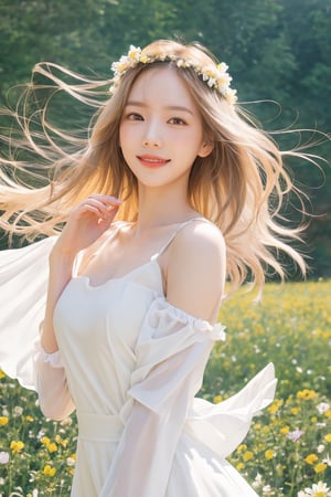hold flower, vienbb,  1girl,slg,flower,floating petals, flower field,cropped shoulders,wind,floating hair,glowing hair,happy,melowh,mid-shot,head lift,elegant,cowboy shot,dancing,light smile,dousha-colored lips,eyelashes,white and tender skin,the floating petals revolve around the girl,romanticism,flower wreath,dancing among the flowers,dream_girl