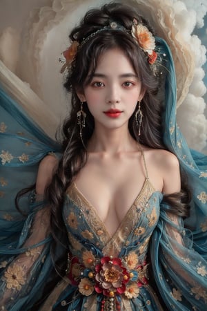 Full figure, seven -clinging shooting, 18 years old, wearing transparent science fiction clothes, exquisite faces, details, hands, ultimate details, amazing magnificence, LED internal lighting, Pedaipan style, fiber hair, glowing blue iris, glowing blue iris,leonardo,Anigame ,beaded flower decoration,jisoo,1girl,Fairy in Clouds,hanfuandflower,beaded flower