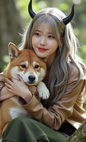 (ultra realistic,32k, masterpiece:1.2),(high detailed skin:1.1),( high quality:1.1), (masterpiece, best quality),(masterpiece:1.3) , ( a cute silver-haired girl with real devil horns patting the Shiba Inu) , In a stunning fantasy world, breath of the wild, fantastic wilderness atmosphere, beaming with joy, in bright natural light, beautiful, k, uhd, professional photograph, sharp focus, sumptuous artwork, masterpiece, best quality, dramatic lighting, dslr, vivid color, cinematic lighting , matte painting , cinematic photo, realistic photo, detailed face, detailed hands, detailed legs, detailed feet, (animated:1), full body,(face close-up:1.4), (looking at viewer, upper body) ((dystopic )) ((lleg open)) ((standing)) ((combat ready)) ((rainy playground)) ((sittting)) (( serafuku)) ,jisosmile,ct-identity