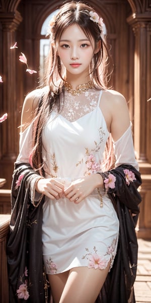 masterpiece, best quality, 1girl, (colorful),(finely detailed beautiful eyes and detailed face),light pink hair, White lace dress, brown eyes,plaits hairstyle,cinematic lighting,bust shot,extremely detailed CG unity 8k wallpaper,white hair,solo,smile,intricate skirt,((flying petal)),(Flowery meadow) sky, cloudy_sky, building, moonlight, moon, night, (dark theme:1.3), light, fantasy,jisoo,1 girl,Asia,Woman ,z1l4,enhanc3d,beaded flower decoration,leonardo,DonM0ccul7Ru57,beaded flower