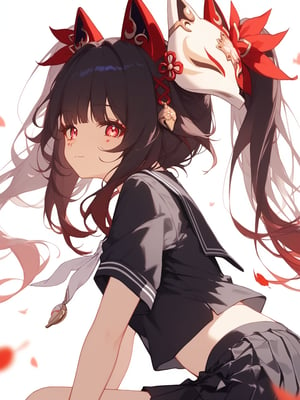 1girl,side boob,nsfw, beautiful detailed eyes,upper body,score_9,sparkle \(honkai star rail\),1girl,fox mask,solo,twintails,looking at viewer,bare shoulders,mask on head,no sleeves,black chokerkneeling, arms behind head, seiza,solo,looking at viewer,flower,score_9, cat ears,red eyes,black serafuku,black sailor collar,white neckerchief,black shirt,short sleeves,pleated skirt,black skirt, white background, simple background