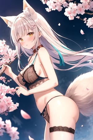cowboy shot, nsfw, strap slip, best quality, masterpiece, highres, 1girl,  Mahiru Shiina, intricate details, hairpin, looking slightly shyly to the side, dynamic angle, from side, from above, nsfw

(pastel color:1.2), pop vibrant color, (nine-tailed fox), fox ears, (oriental lingerie with flowing ribbon), Rhinestone embroidery, cat-collar, spiritual forest, sakura, standing, elegant pose, spreading her tails, backlit, flying petals