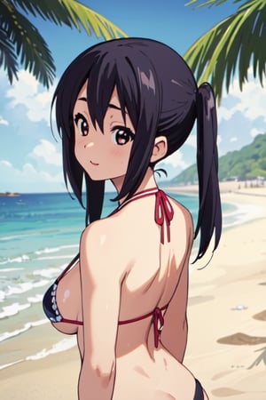 look back, portrait, big_breasts, (((best quality))),(((ultra detailed))),(((masterpiece))),illustration, 1girl, young, (joyful_expression: 1.1), (micro_bikini: 1.1), standing_on_beach, front_view, seashell, beach_background, azusa nakano