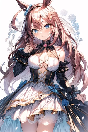 masterpiece, best quality, mihono bourbon \(umamusume\),full body, (solo: 1.2), female_focus, smile, Sweet Lolita fashion, kawaii elements, lace and bow embellishments, pastel color palette (pink, blue, pale yellow), high-waisted silhouette, knee-length skirt, 'doll dress' style, lace-trimmed petticoat, adorable and innocent, Lolita fashion staple, (long hair: 1.2), hair flower, 1girl, (blush: 1.2), head tilt, 