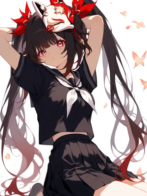 1girl,side boob,nsfw, beautiful detailed eyes,upper body,score_9,sparkle \(honkai star rail\),1girl,fox mask,solo,twintails,looking at viewer,bare shoulders,mask on head,no sleeves,black chokerkneeling, arms behind head, seiza,solo,looking at viewer,flower,score_9, cat ears,red eyes,black serafuku,black sailor collar,white neckerchief,black shirt,short sleeves,pleated skirt,black skirt, white background, simple background