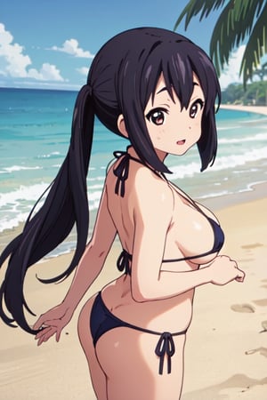 look back, portrait, big_breasts, (((best quality))),(((ultra detailed))),(((masterpiece))),illustration, 1girl, young, (joyful_expression: 1.1), (micro_bikini: 1.1), standing_on_beach, front_view, seashell, beach_background, azusa nakano