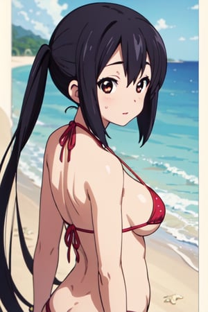 look back, portrait, big_breasts, (((best quality))),(((ultra detailed))),(((masterpiece))),illustration, 1girl, young, (joyful_expression: 1.1), (micro_bikini: 1.1), standing_on_beach, front_view, seashell, beach_background, azusa nakano