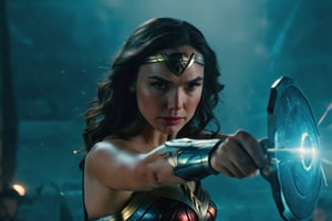 Close-up shot of Gal Gadot as Wonder Woman standing strong, her crossed arms forming a shield to deflect a barrage of bullets. Her iconic Lasso of Truth and bracelets glow with a soft blue light, amplifying their protective power. As she peers between her arms, her determined gaze burns bright, exuding fierce confidence and unwavering courage.