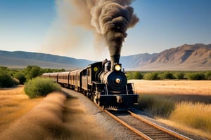 cinematic view, a turn of the century locomotive coming towards viewer, black smoke, mountains in the background on a beautiful sunny day, tall prairie grass on either side of the train tracks, Medium Angle, camera settings ISO 150, Shutter speed 3seconds, Aperture f/6, intricately detailed,  dramatic, Masterpiece, HDR, beautifully shot, hyper-realistic, sharp focus, 64 megapixels, perfect composition, high contrast, cinematic, atmospheric, Ultra-High Resolution, amazing natural lighting, crystal clear picture, Perfect camera focus, photo-realistic