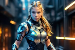 full body picture, In a gritty dystopian cityscape, a young female cyborg  walks along a dimly lit back alley, her cybernetic arm holding a futuristic firearm(1.5) with an eerie blue light. Her red-glowing right eye(1.5), a result of the cybernetic implant, pierces through the shadows. Toned and muscled, she's dressed in tight-fitting leather, accentuating her athletic physique. Long blond hair, braided viking-style, frames her face. The camera captures her in a medium angle, full-body shot (ISO 150, Shutter speed 3 seconds, Aperture f/6), showcasing intricate details and dramatic lighting. The scene is bathed in atmospheric, natural light, with high contrast and cinematic flair, rendering an Ultra-High Resolution masterpiece with perfect composition, crystal-clear picture, and razor-sharp focus.,AIDA_LoRA_LG2014,DonMCyb3rN3cr0XL  