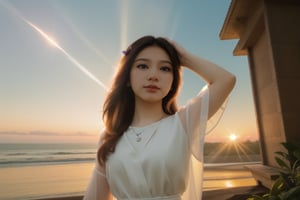 3/4 angle,  glamor shot,  a stunningly beautiful young Indonesian woman with a halo of bright sunlight surrounding her head, her arms raised to the skys, wearing a white cotton gown and a green gemstone necklace at sunrise, dynamic lighting, sharp focus, long exposure, lens flare, wide-angle lens, fantastical, hyper-detailed, photo-realistic, 16k resolution,n0t,Nature